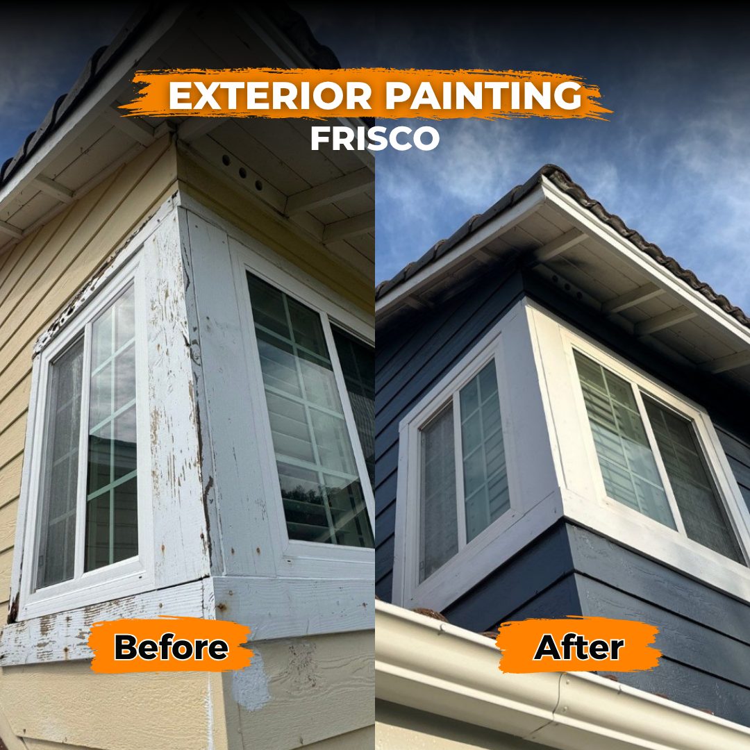 Peeling siding repaired and repainted navy in Frisco