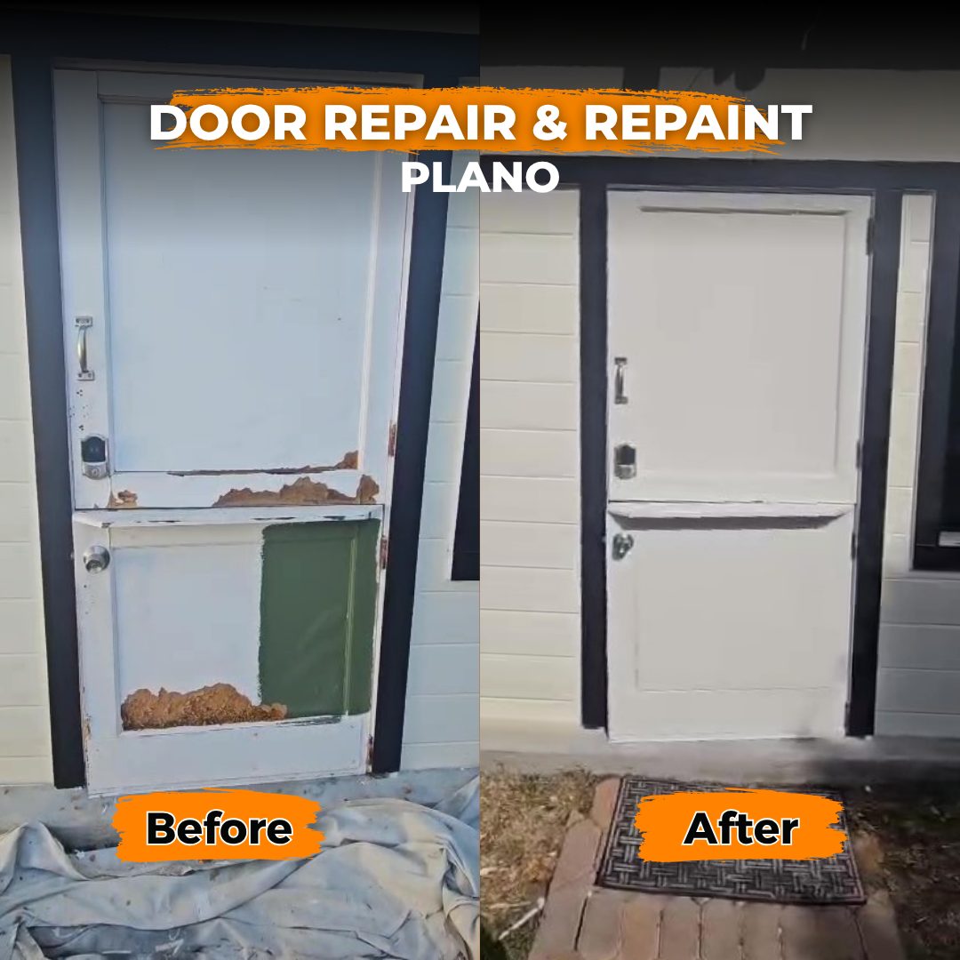 Damaged exterior door repaired and repainted in Plano