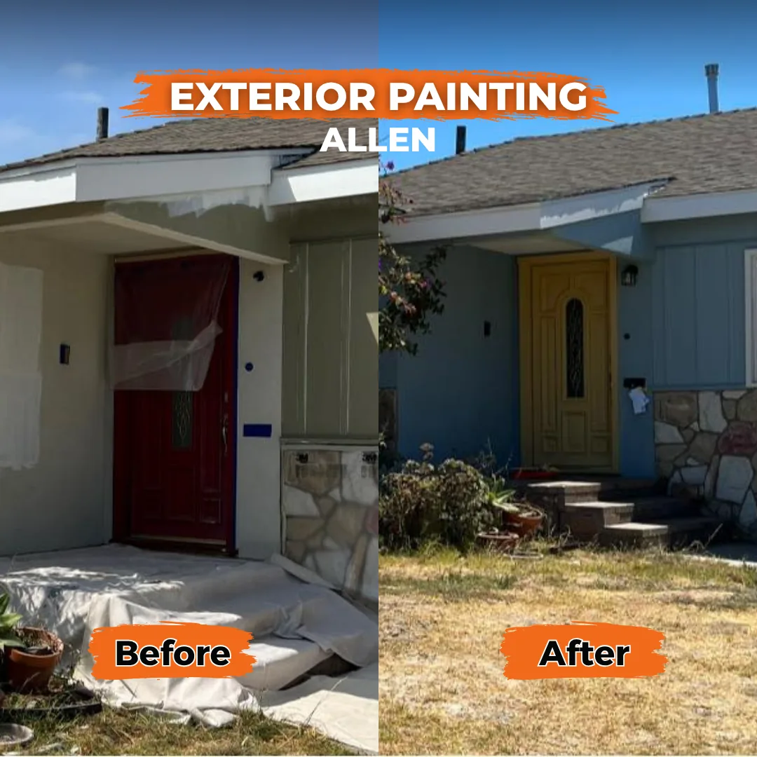 Front entry, masked red door to blue-gray repaint with yellow door, Allen