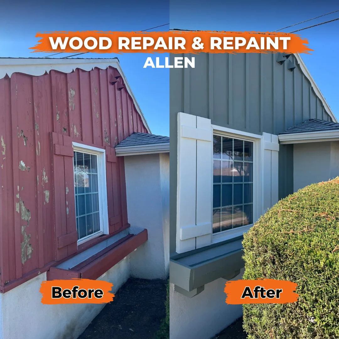Gable end, peeling red board-and-batten to fresh sage green, white shutters, Allen