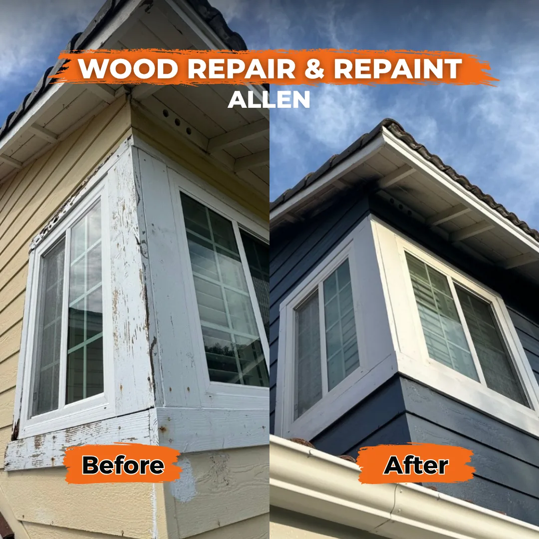 Bay window corner, peeling trim to crisp navy with white trim, Allen
