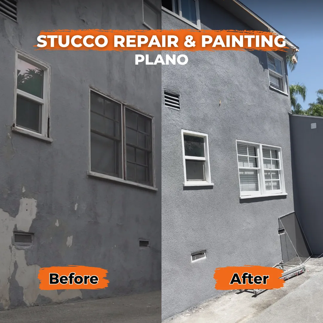Two-story side wall, peeling stucco to uniform dark gray, Plano