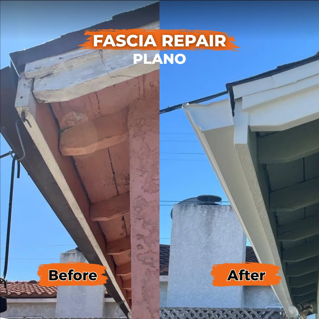 Rotted eave rebuilt, new white fascia and gutter, Plano