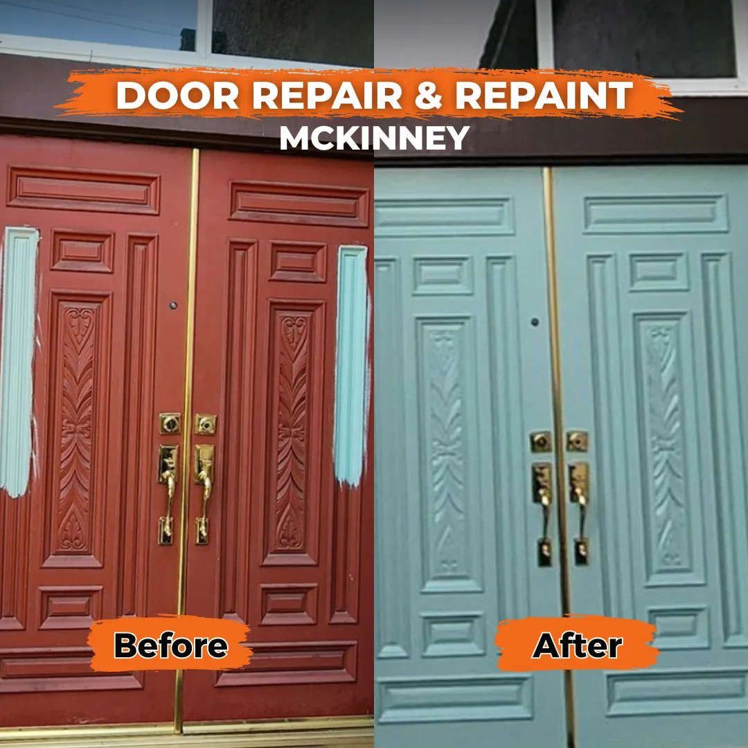 Ornate double front doors, red to light sage blue, Mckinney