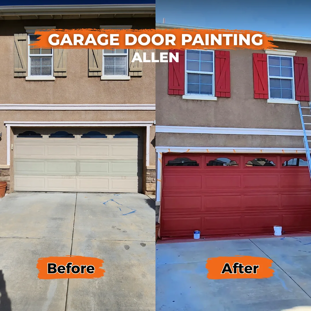 Tan stucco two-story, garage door and shutters to deep red, Allen