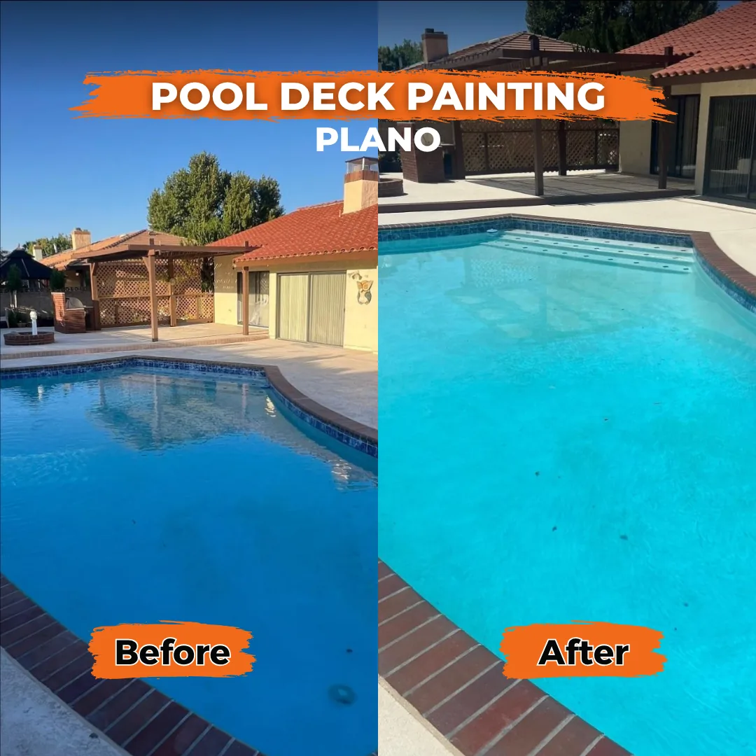 In-ground pool and deck recoated, bright sun, Plano